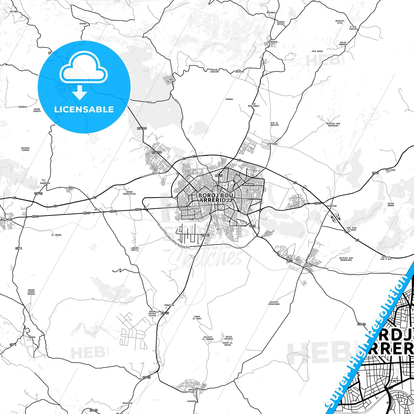 Bordj Bou Arreridj, Algeria light map with streetnames, citynames and districts