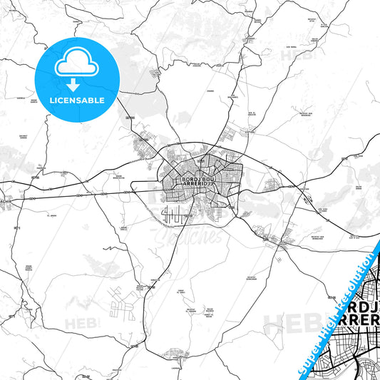 Bordj Bou Arreridj, Algeria light map with streetnames, citynames and districts
