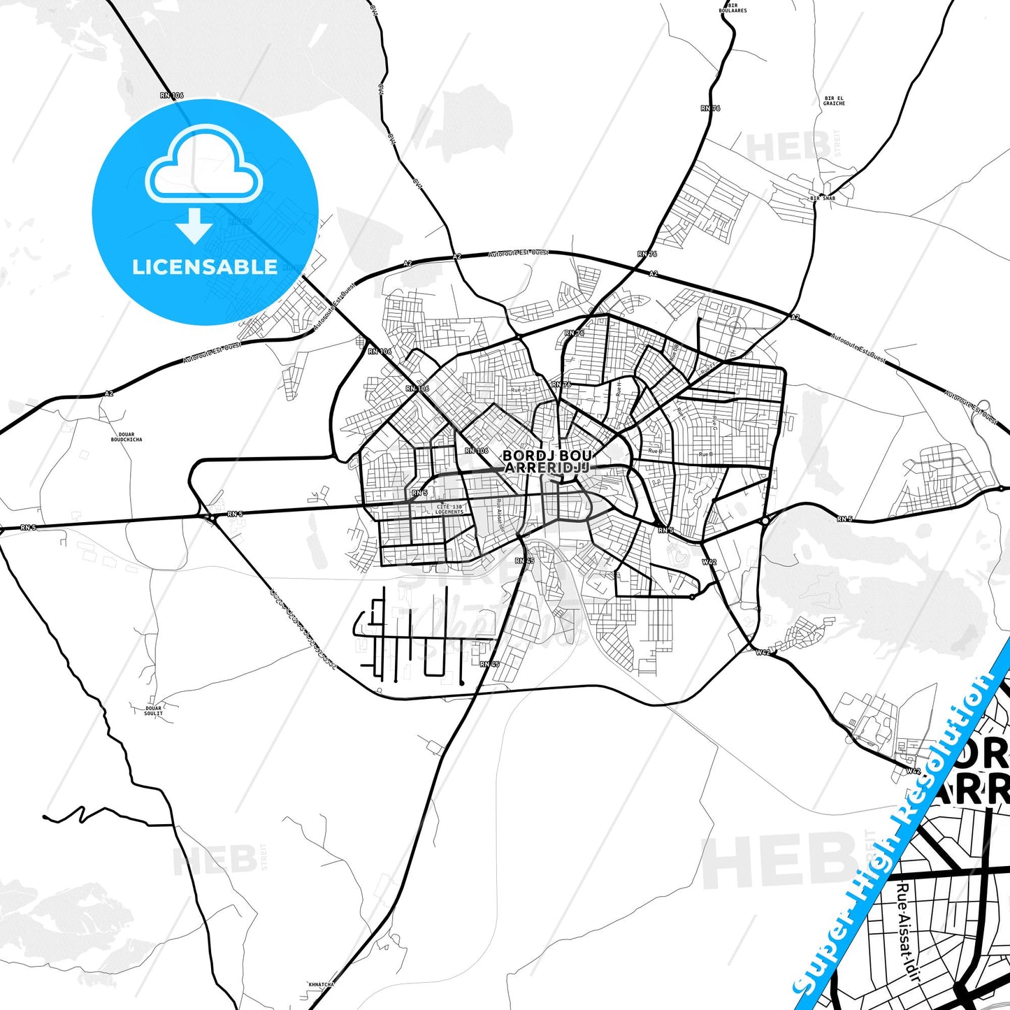 Bordj Bou Arreridj, Algeria Light Map with Street Names, City Names, and Districts