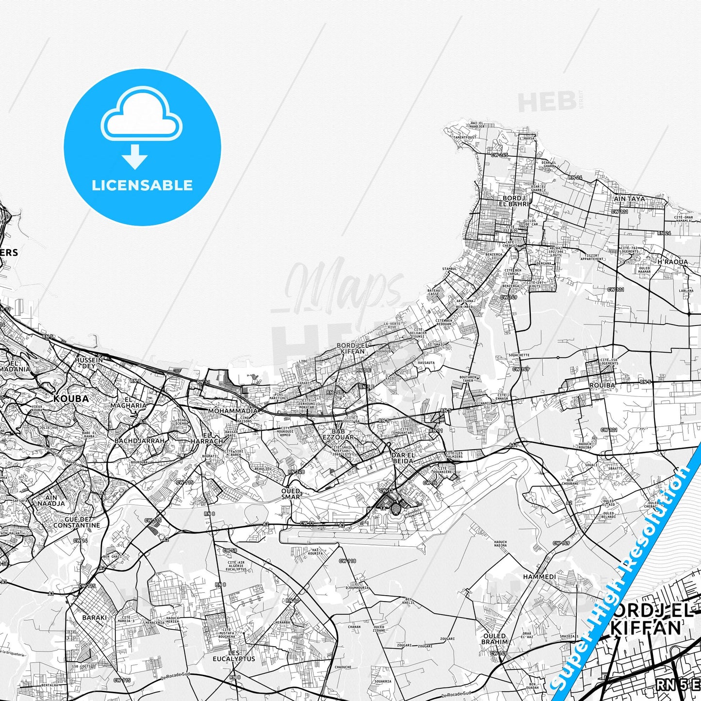 Bordj el Kiffan, Algeria light map with streetnames, citynames and districts