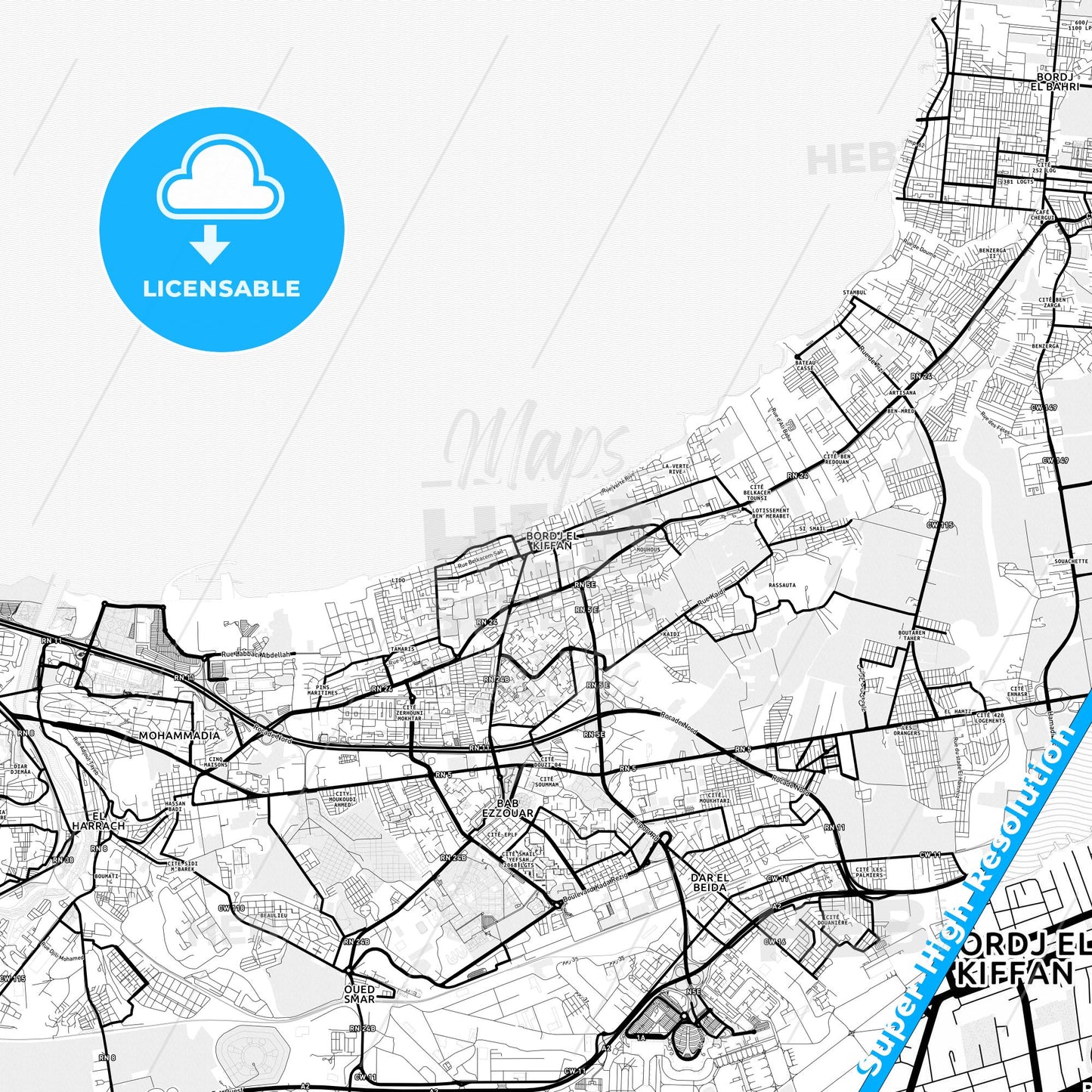 Bordj el Kiffan, Algeria Light Map with Street Names, City Names, and Districts