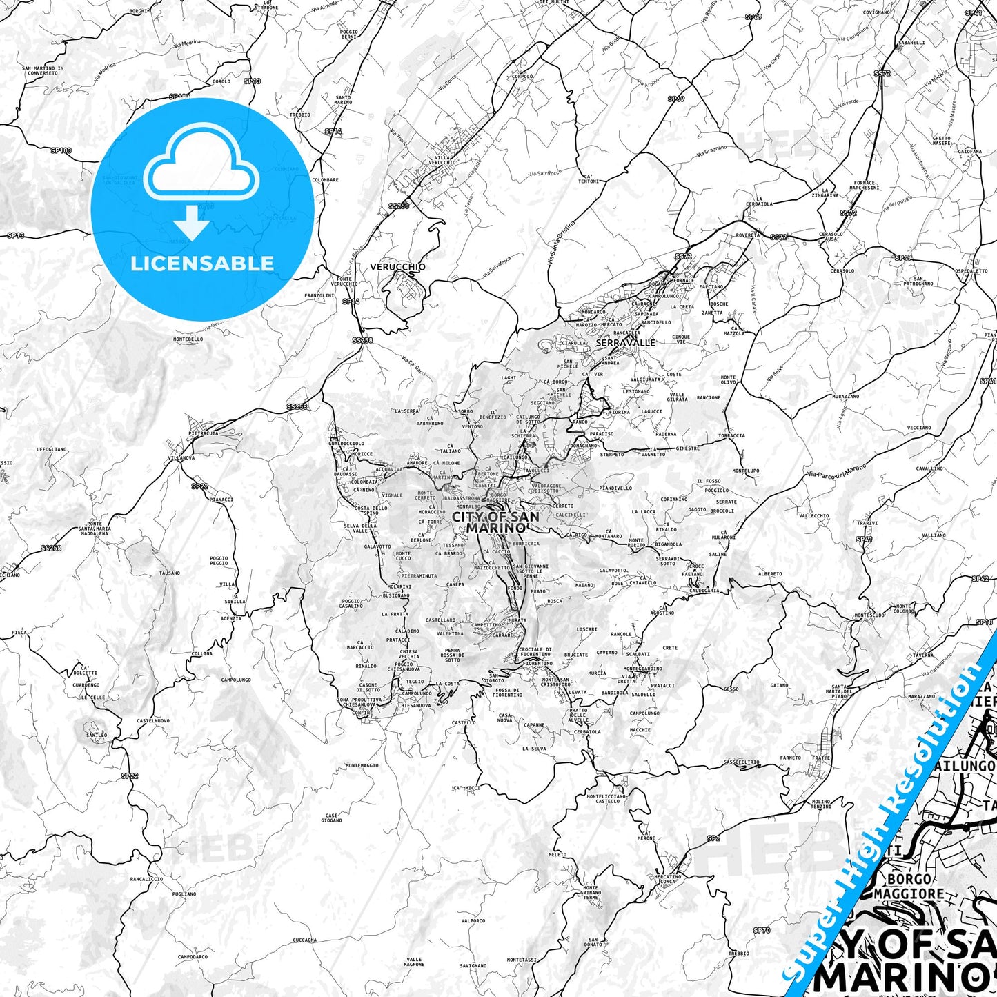 Borgo Maggiore, San Marino light map with streetnames, citynames and districts