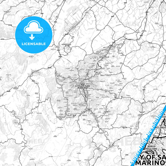 Borgo Maggiore, San Marino light map with streetnames, citynames and districts