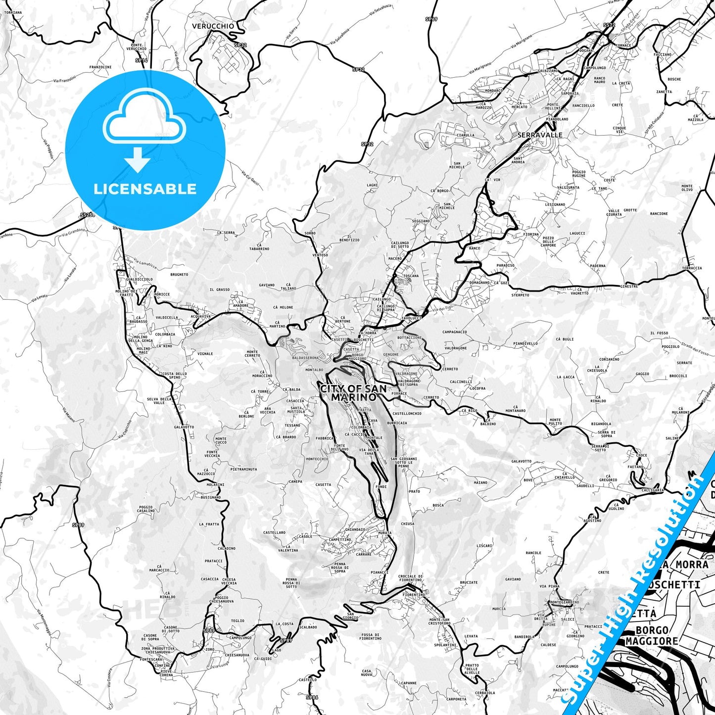 Borgo Maggiore, San Marino Light Map with Street Names, City Names, and Districts