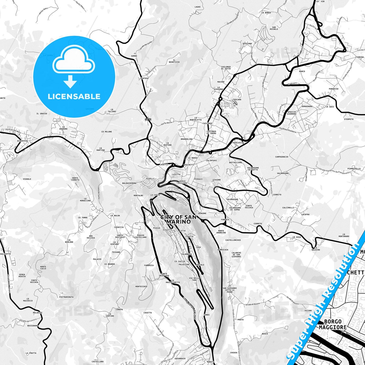 Borgo Maggiore, San Marino Light Map with Street Names, City Names, and Districts