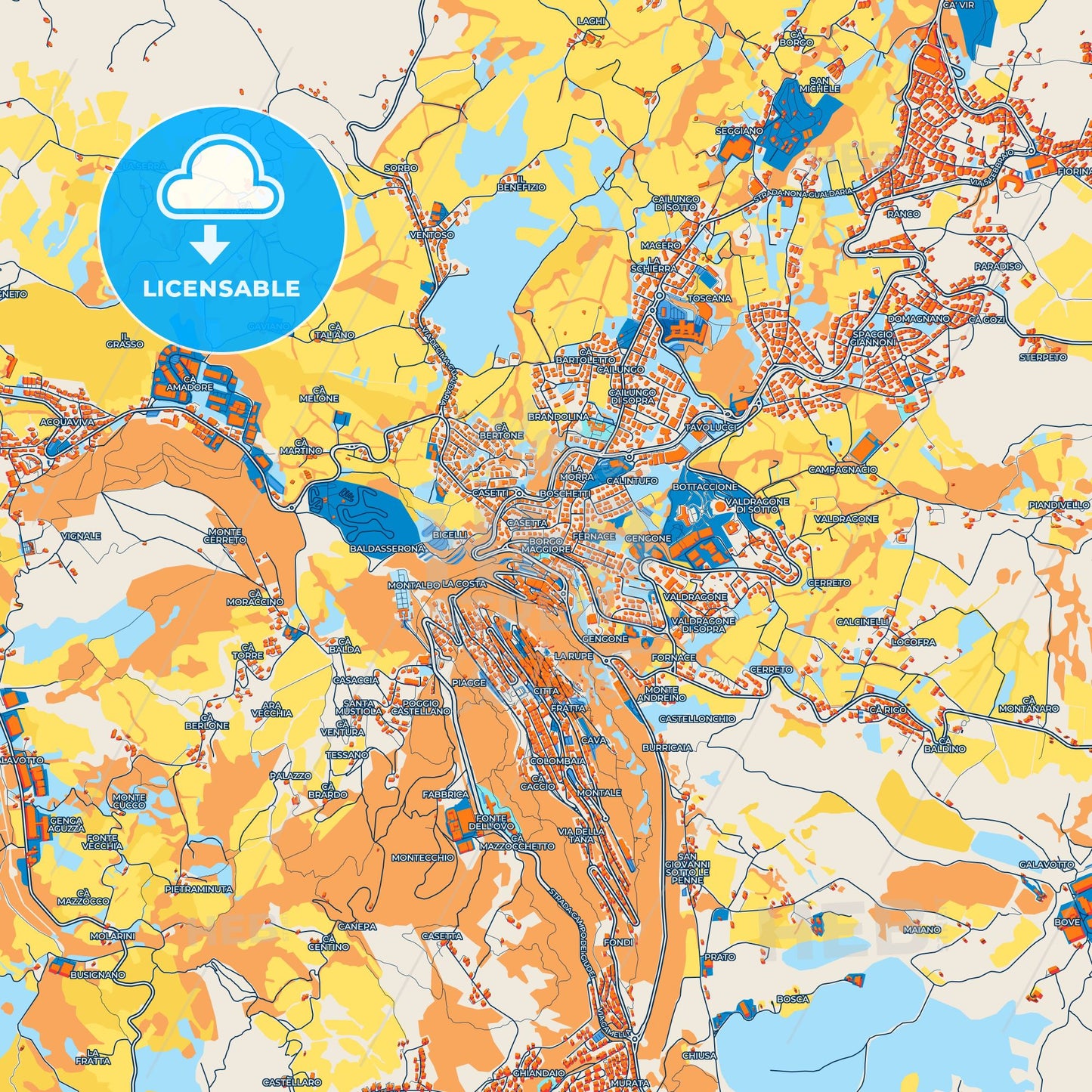 Colorful Borgo Maggiore Street Map with Labels and Buildings