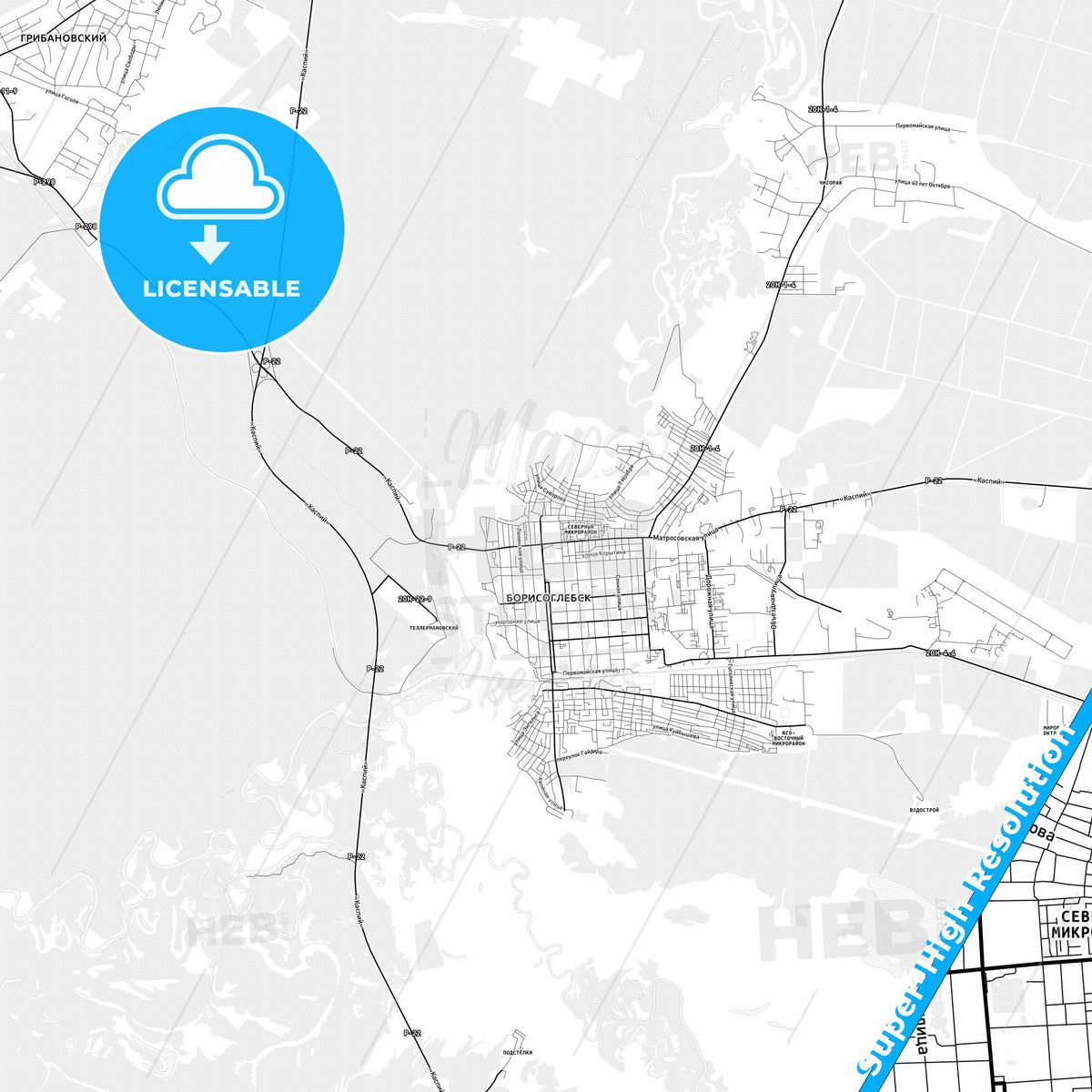 Borisoglebsk, Russia light map with streetnames, citynames and districts