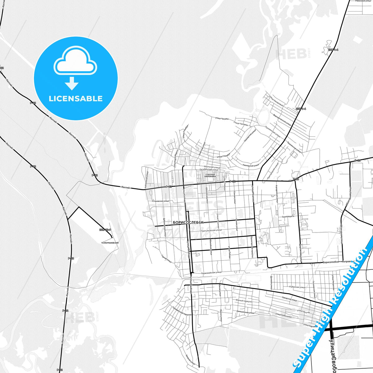 Borisoglebsk, Russia Light Map with Street Names, City Names, and Districts