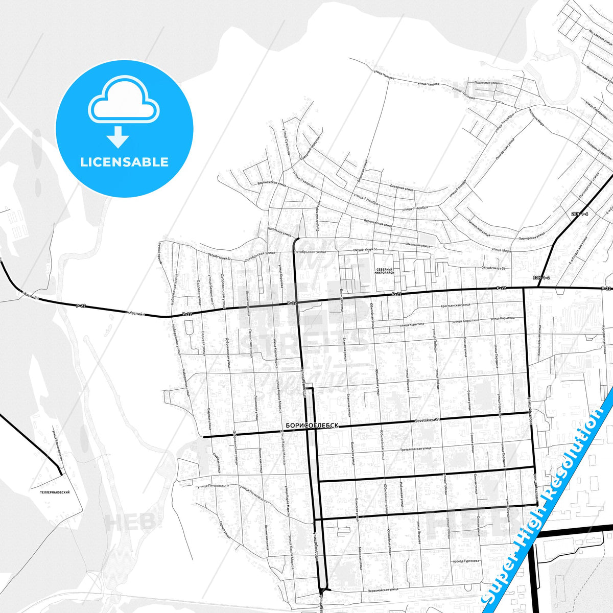Borisoglebsk, Russia Light Map with Street Names, City Names, and Districts