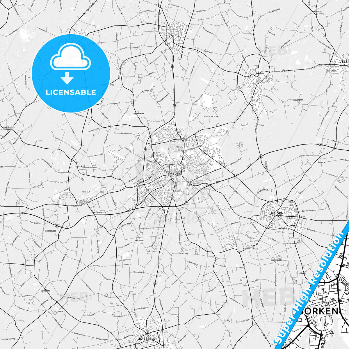 Borken, Germany light map with streetnames, citynames and districts