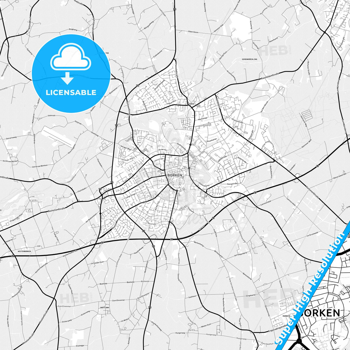 Borken, Germany Light Map with Street Names, City Names, and Districts