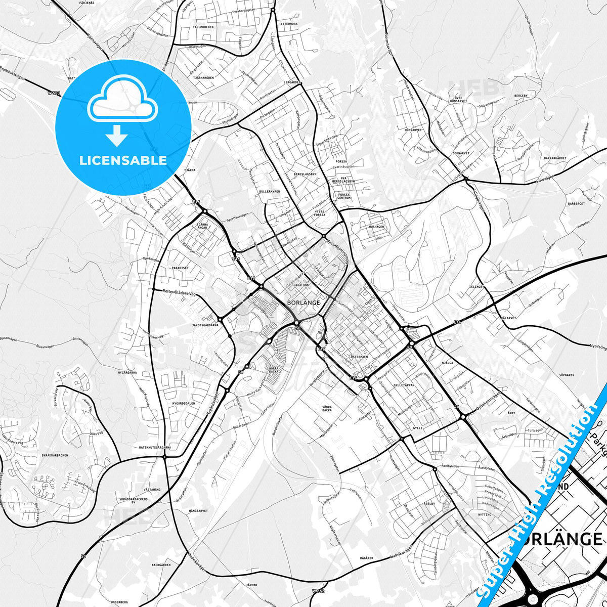 Borlänge, Sweden Light Map with Street Names, City Names, and Districts
