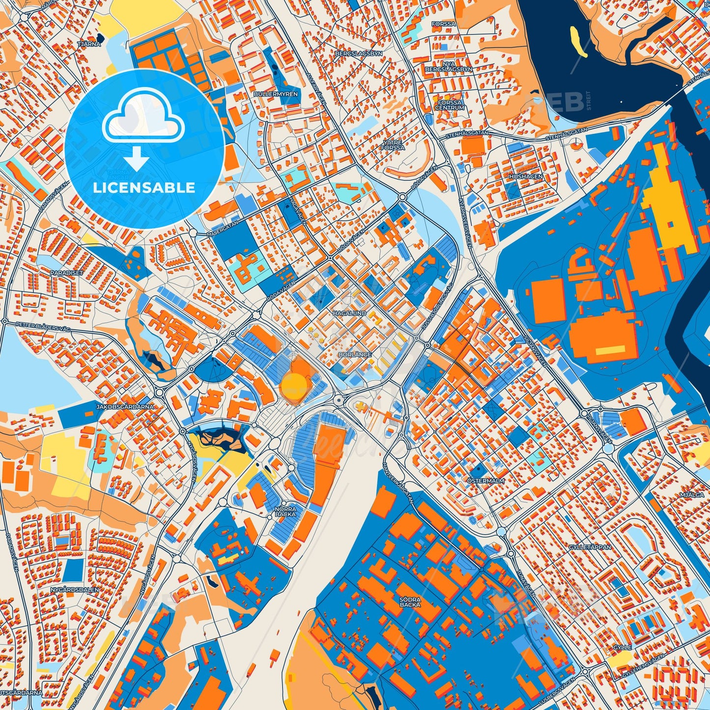Colorful Borlänge Street Map with Labels and Buildings