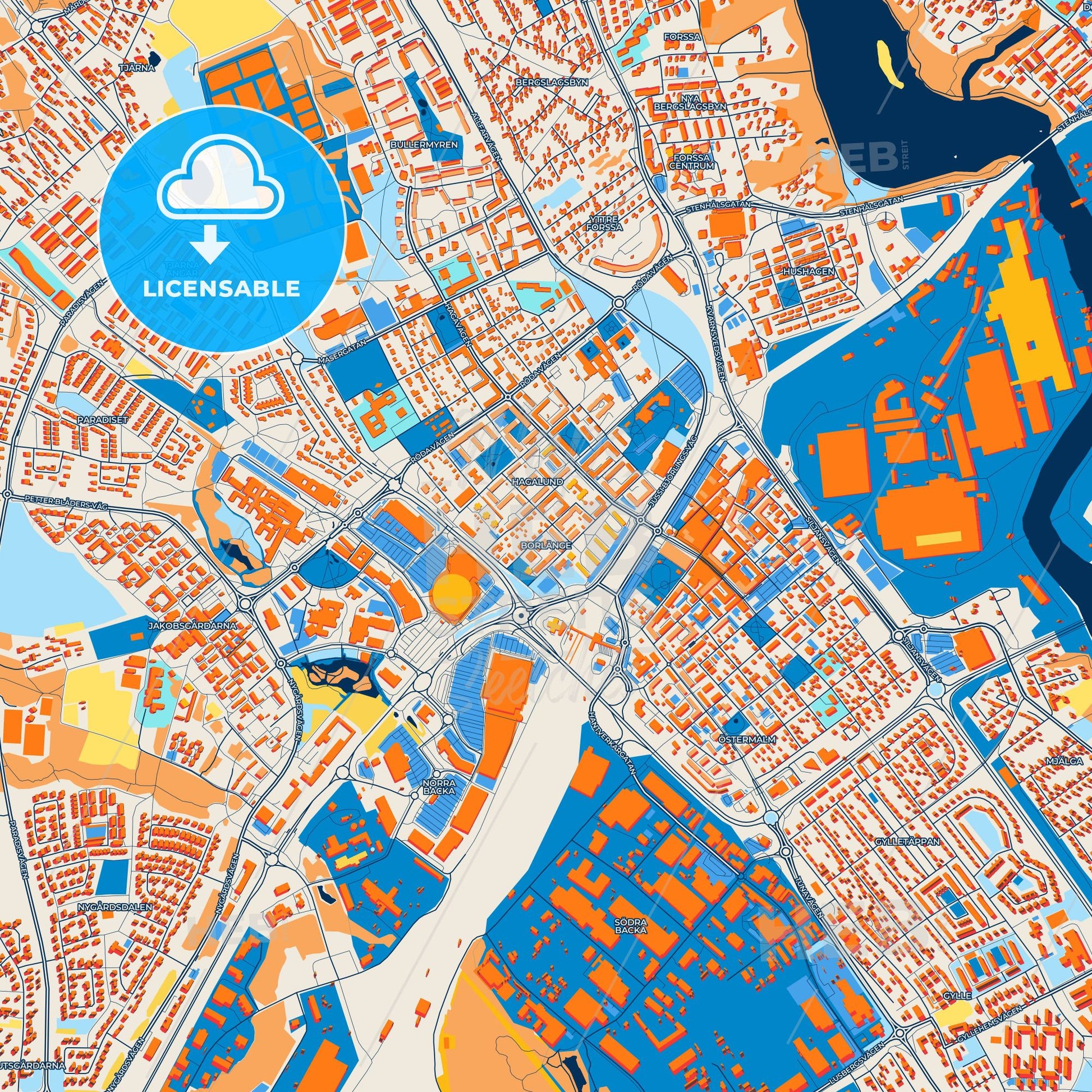 Colorful Borlänge Street Map with Labels and Buildings