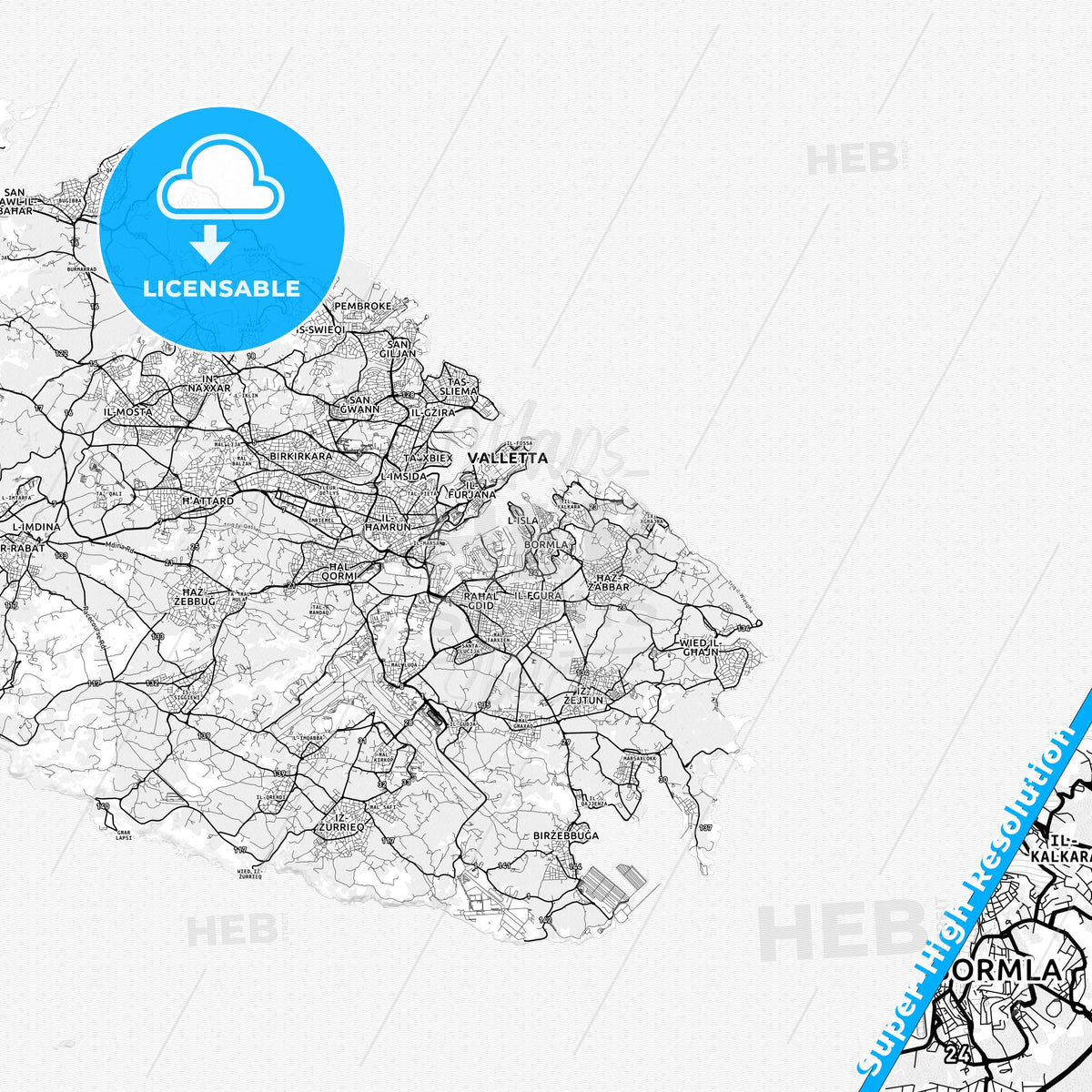 Bormla, Malta light map with streetnames, citynames and districts