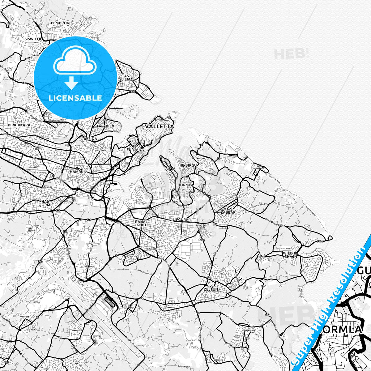 Bormla, Malta Light Map with Street Names, City Names, and Districts