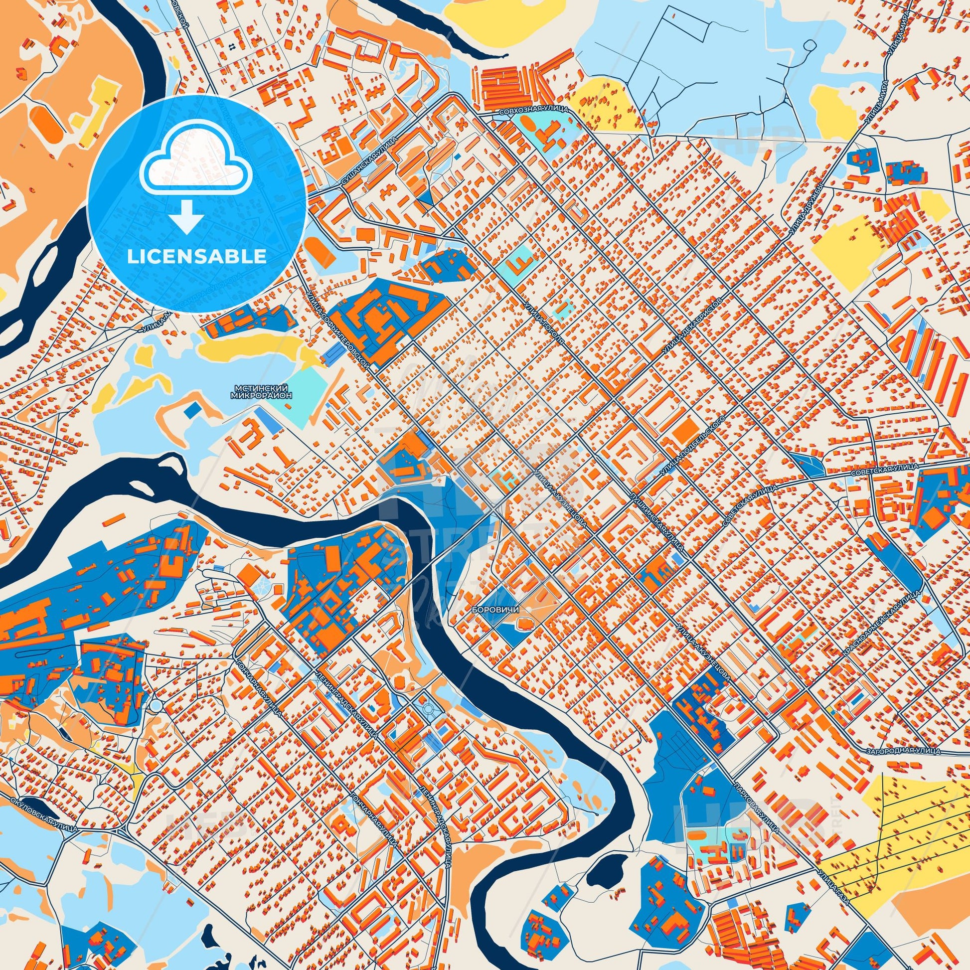 Colorful Borovichi Street Map with Labels and Buildings