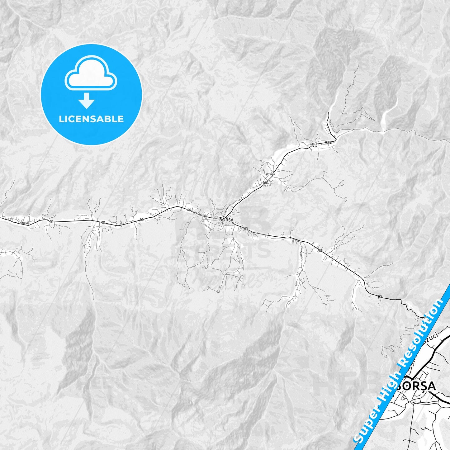 Borșa, Romania light map with streetnames, citynames and districts