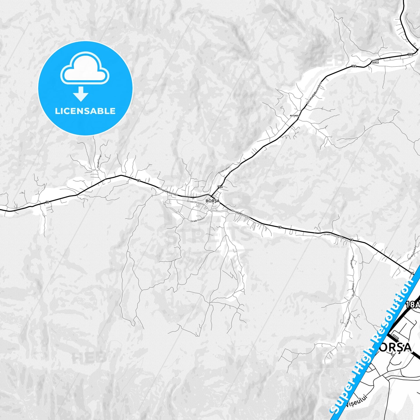 Borșa, Romania Light Map with Street Names, City Names, and Districts