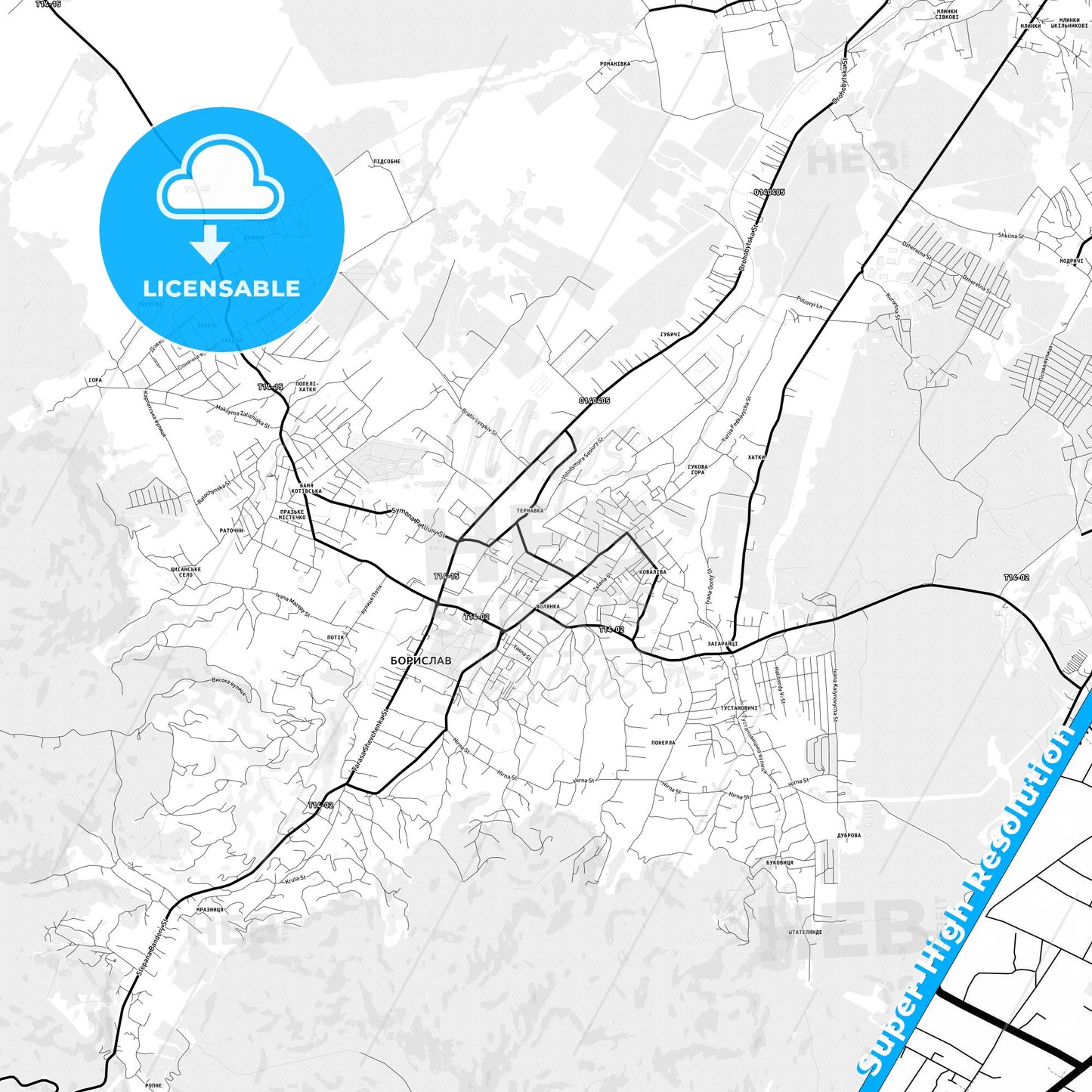 Boryslav, Ukraine Light Map with Street Names, City Names, and Districts
