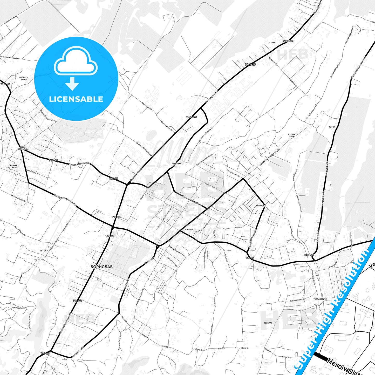 Boryslav, Ukraine Light Map with Street Names, City Names, and Districts