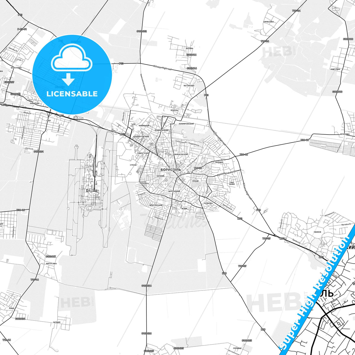 Boryspil, Ukraine light map with streetnames, citynames and districts