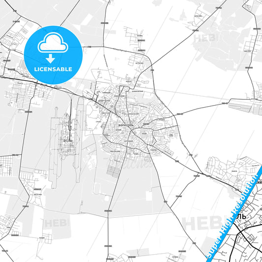 Boryspil, Ukraine light map with streetnames, citynames and districts