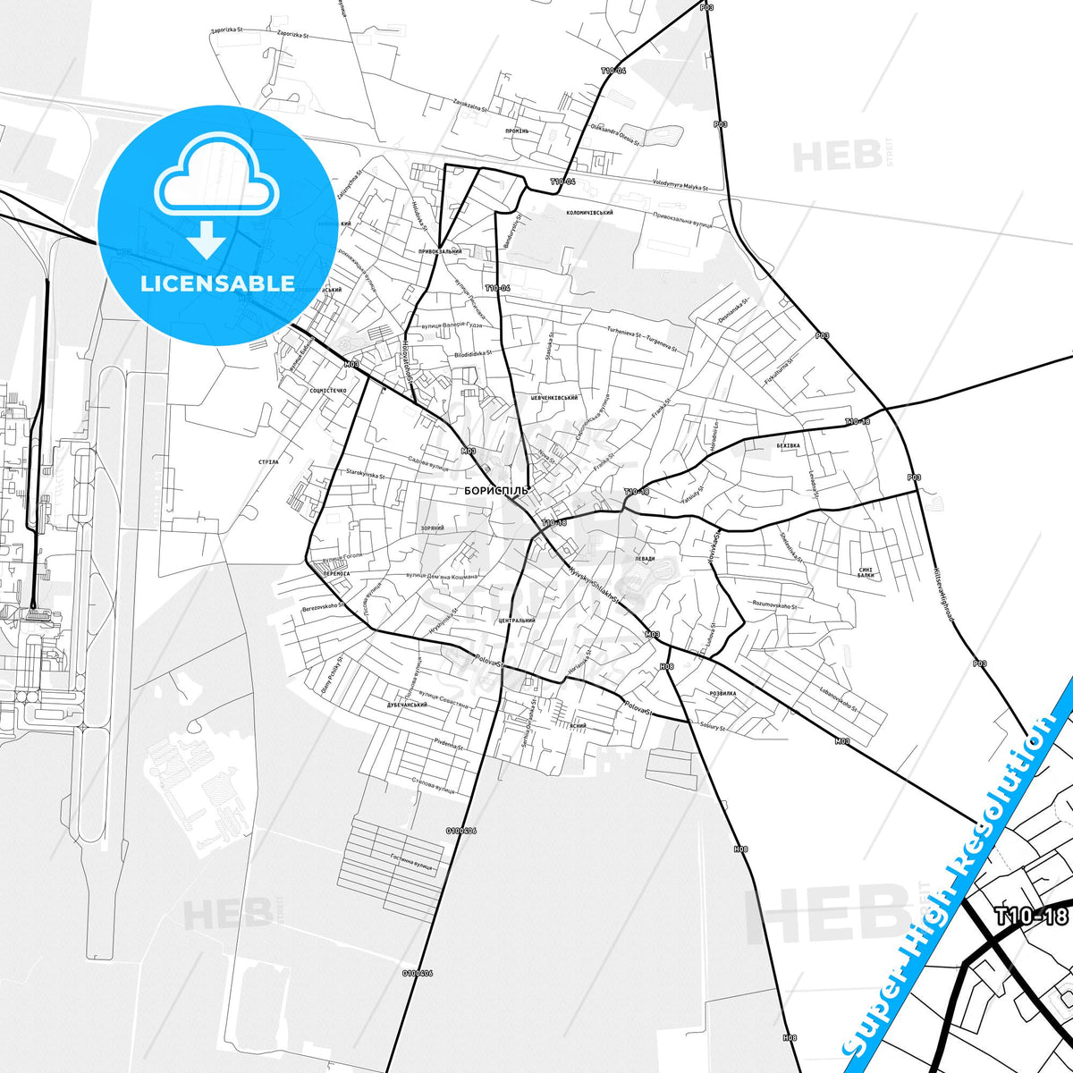 Boryspil, Ukraine Light Map with Street Names, City Names, and Districts