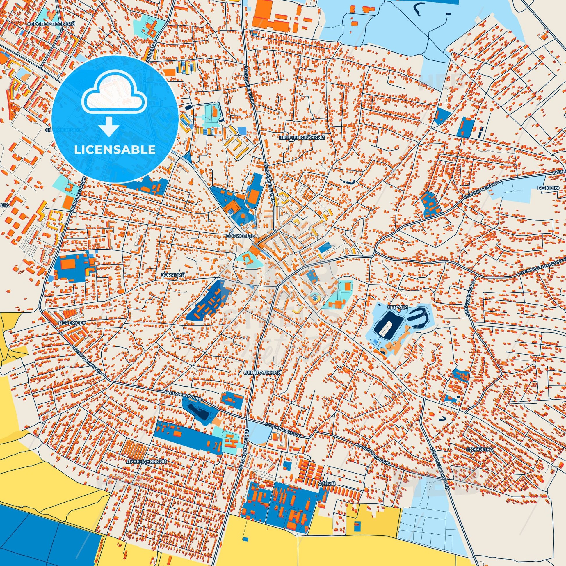 Colorful Boryspil Street Map with Labels and Buildings