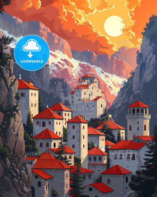 Artistic Interpretation of a Quaint European Town: Bosnia and Herzegovina with Vibrant Red Roofs