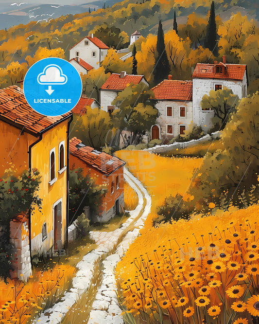 Vibrant Painting of a Bosnian Village in Europe: A Colorful Celebration of Art and Culture