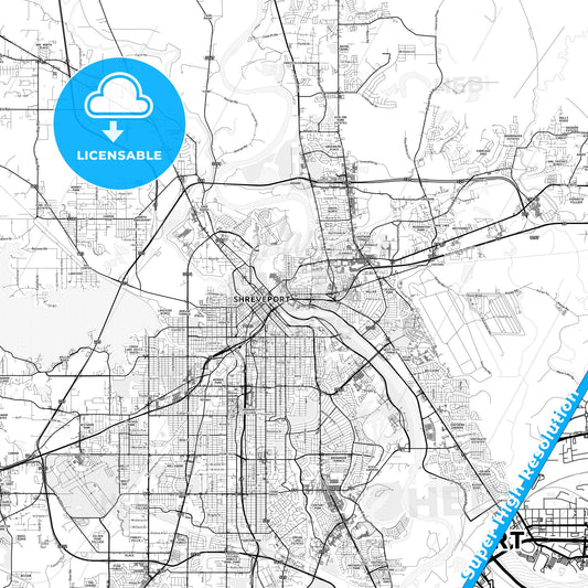 Bossier City, Louisiana light map with streetnames, citynames and districts