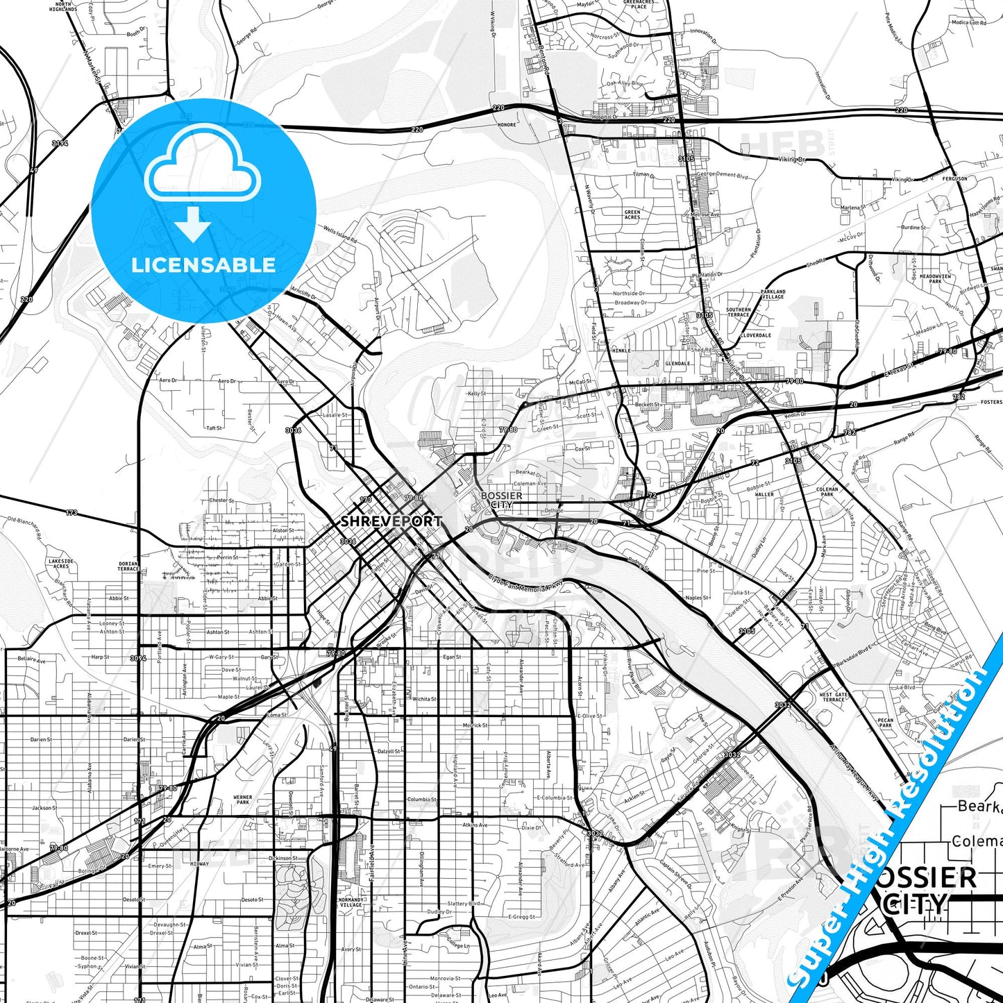 Bossier City, Louisiana Light Map with Street Names, City Names, and Districts