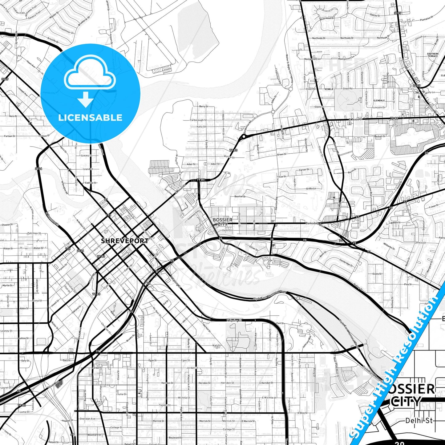 Bossier City, Louisiana Light Map with Street Names, City Names, and Districts