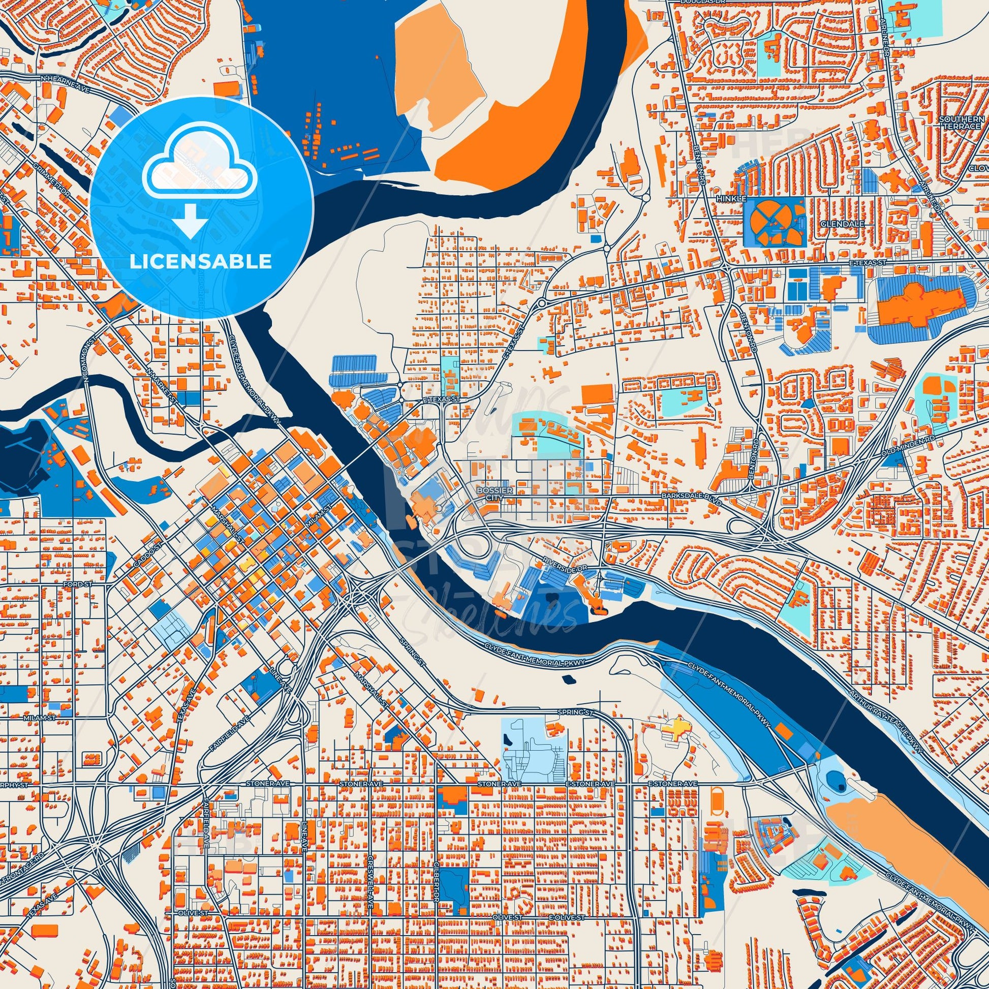 Colorful Bossier City Street Map with Labels and Buildings