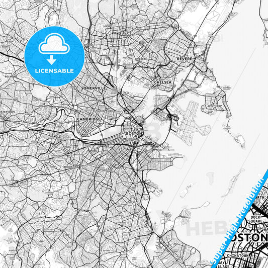 Boston, Massachusetts light map with streetnames, citynames and districts
