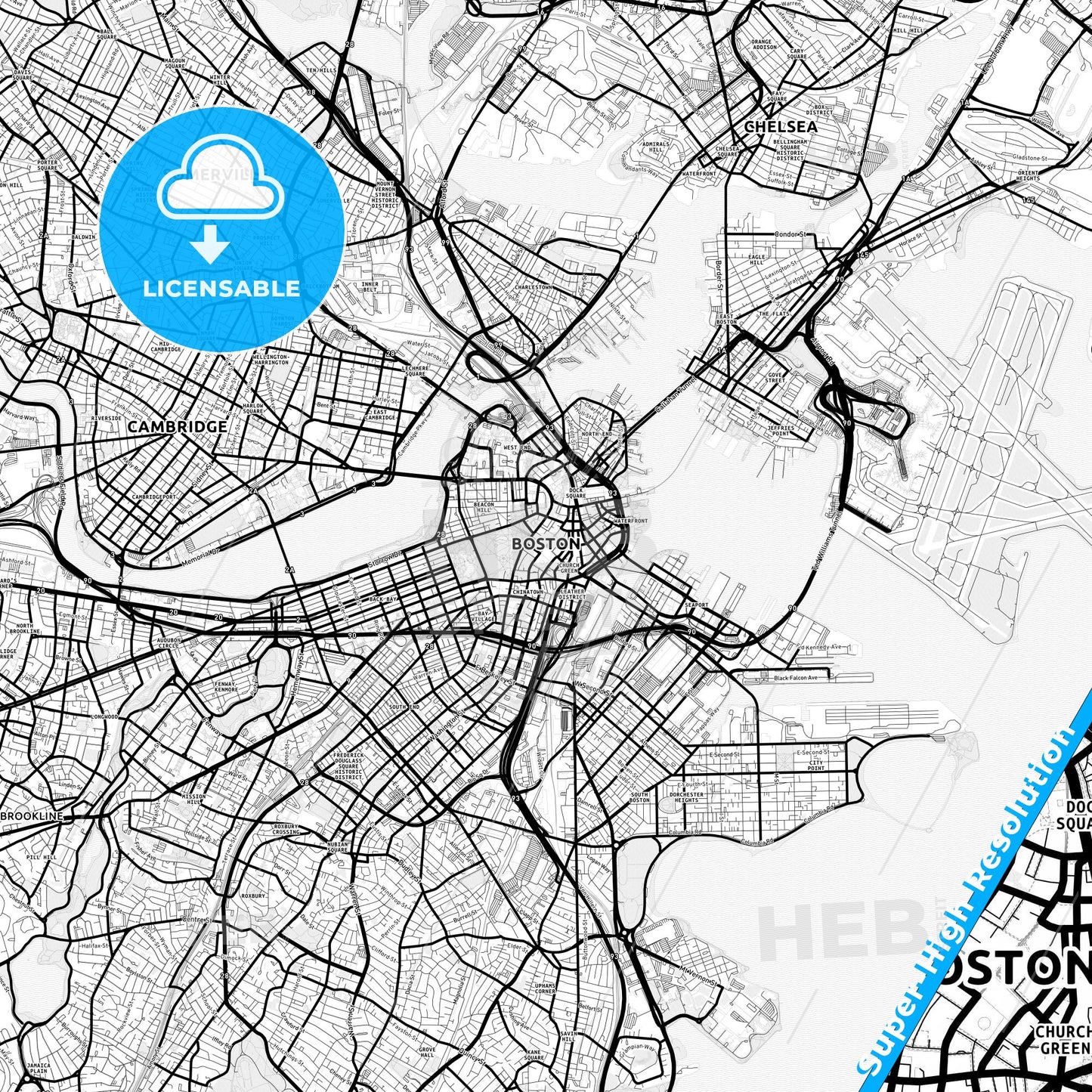 Boston, Massachusetts Light Map with Street Names, City Names, and Districts