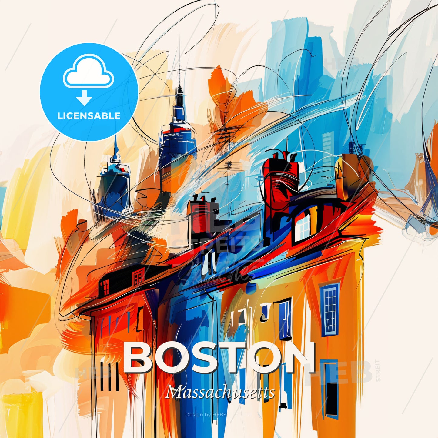 Vibrant Boston, Massachusetts - A Colorful Painting Of Buildings - Square format print template