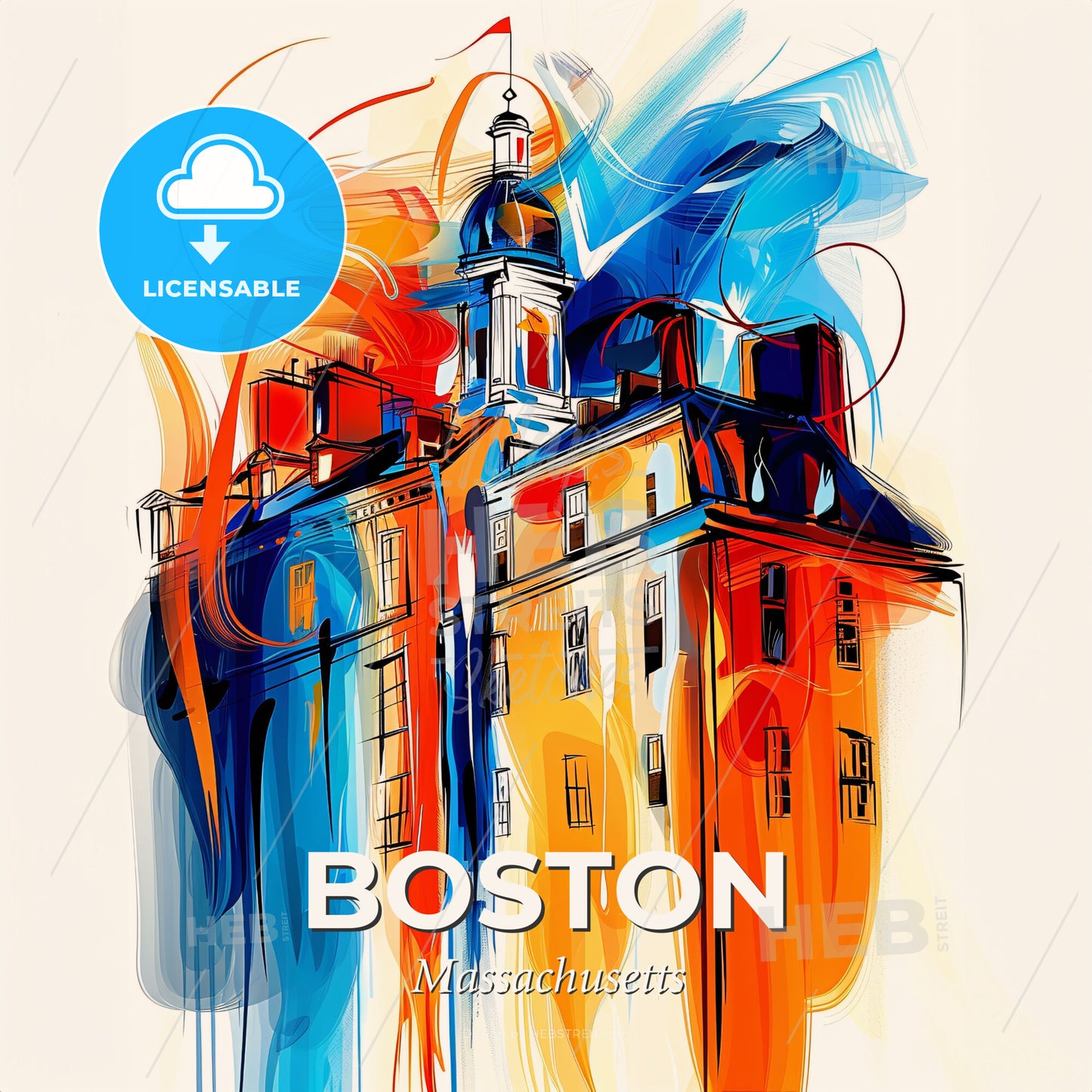 Vibrant Boston, Massachusetts - A Painting Of A Building With A Tower And A Spire - Square format print template