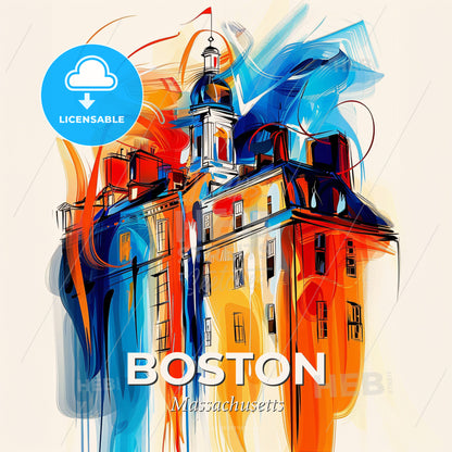Vibrant Boston, Massachusetts - A Painting Of A Building With A Tower And A Spire - Square format print template