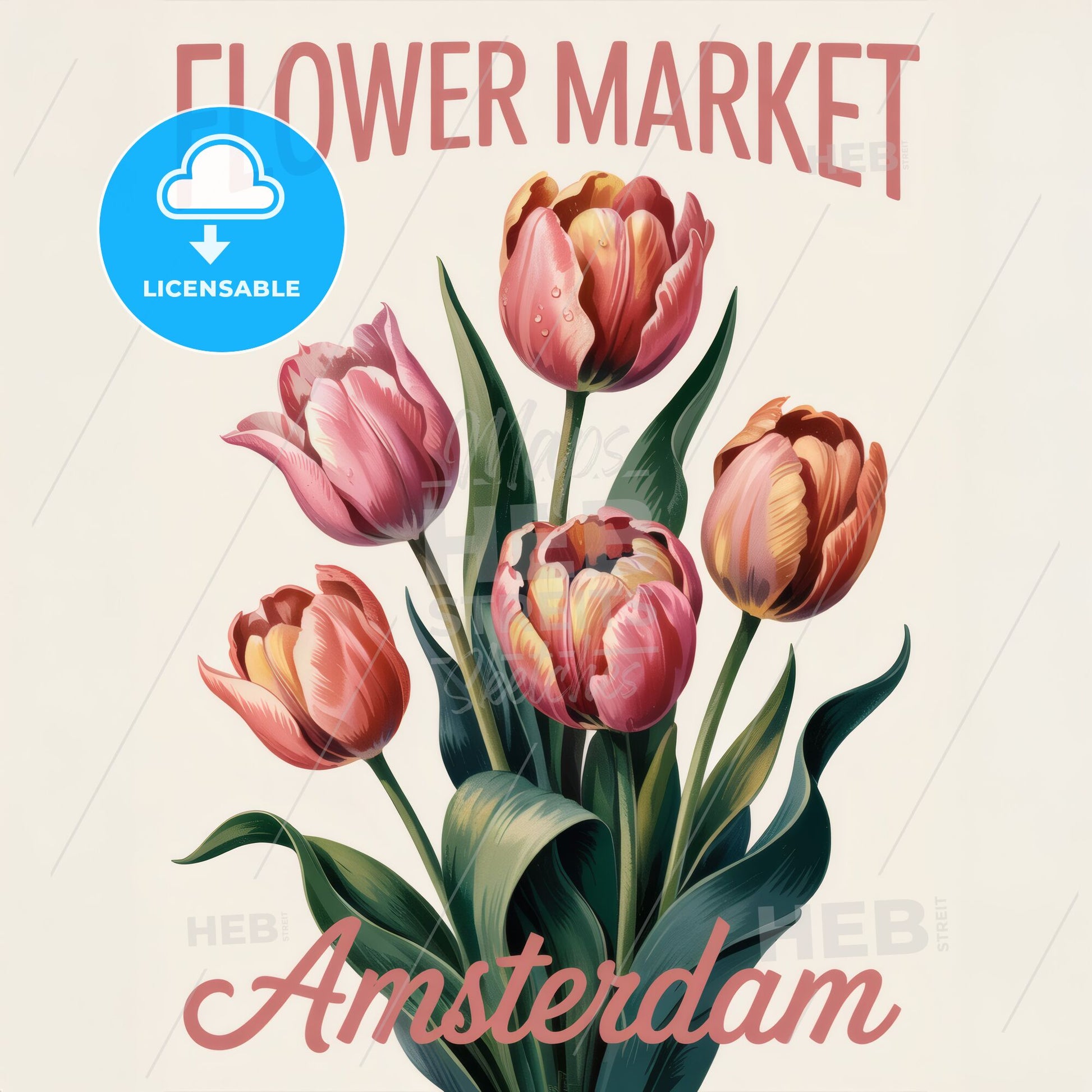 Botanical Elegance: Pink and Peach Tulips in Cream with Amsterdam Touch