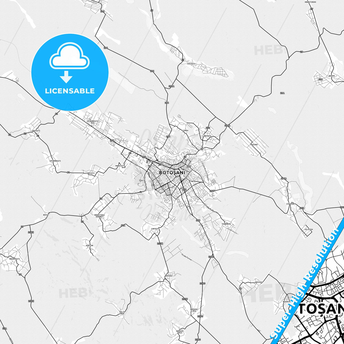 Botoșani, Romania light map with streetnames, citynames and districts