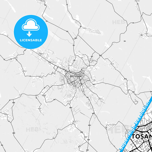 Botoșani, Romania light map with streetnames, citynames and districts