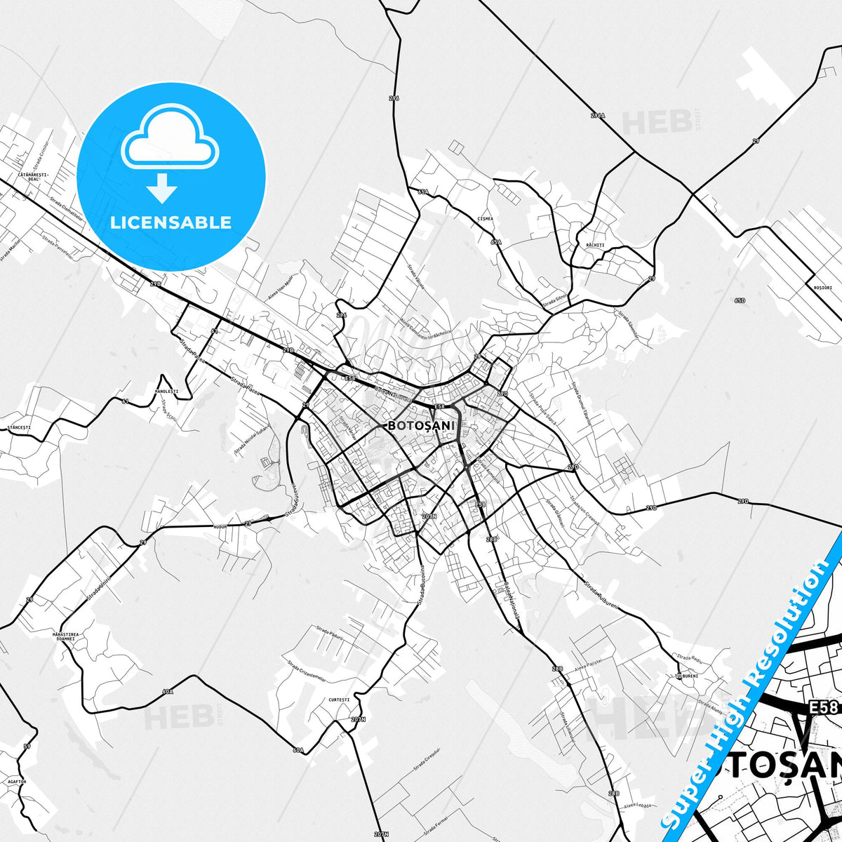 Botoșani, Romania Light Map with Street Names, City Names, and Districts