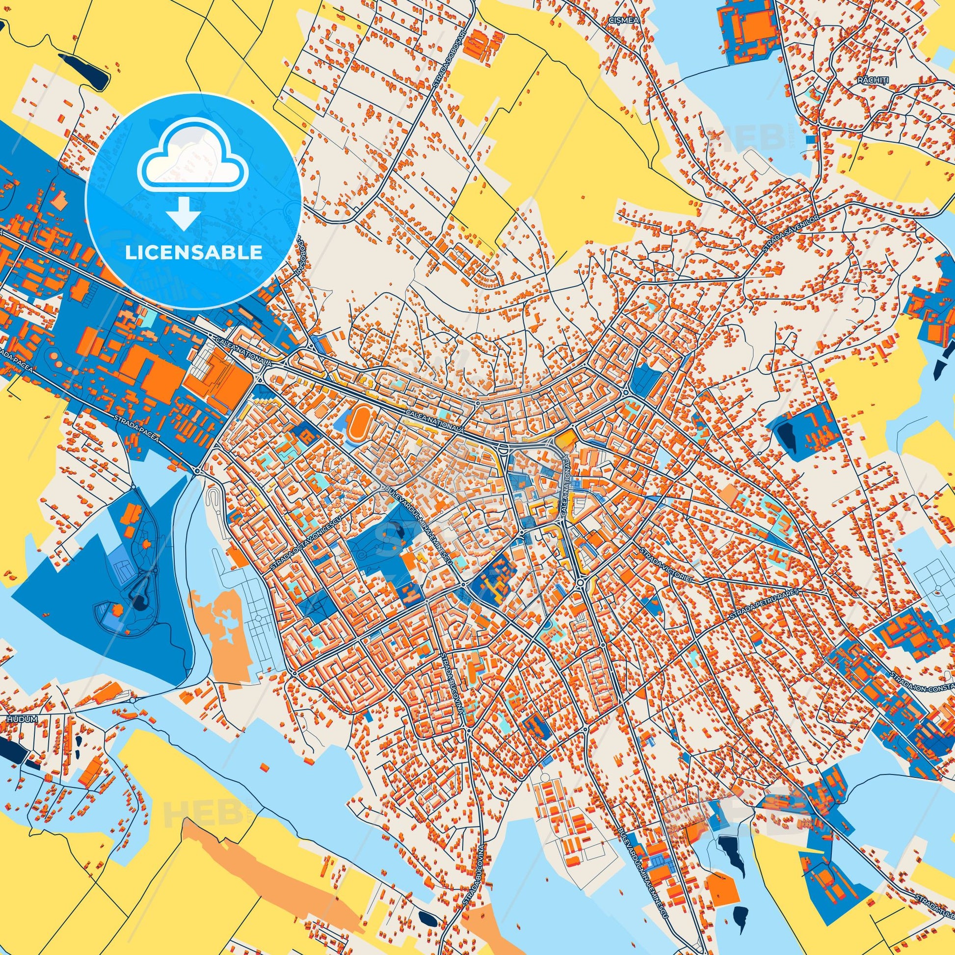 Colorful Botoșani Street Map with Labels and Buildings