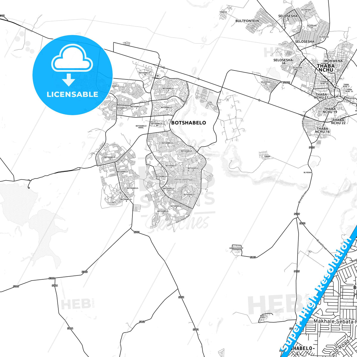 Botshabelo, South Africa light map with streetnames, citynames and districts