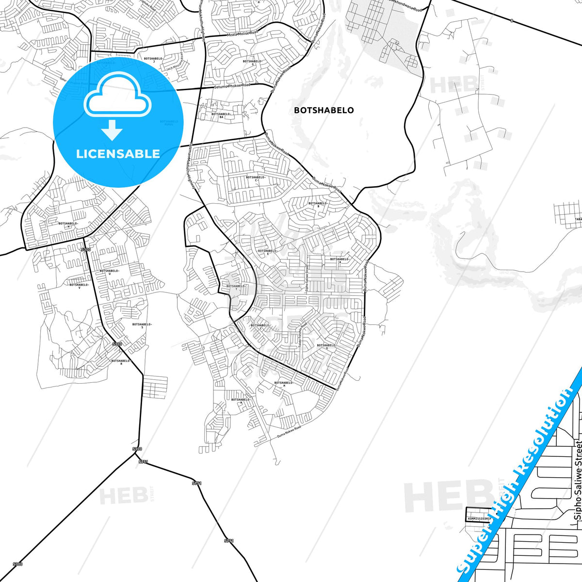 Botshabelo, South Africa Light Map with Street Names, City Names, and Districts