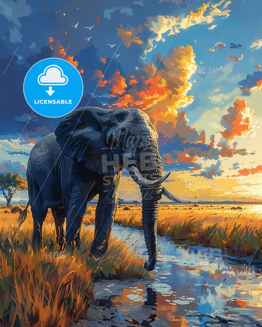 Botswana Africa Vibrant Painting Elephant Marsh Artwork