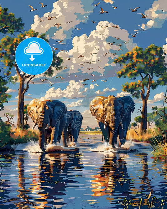 Botswana Elephant Painting, African Art, Wildlife, Nature, Landscape, Digital, Animal