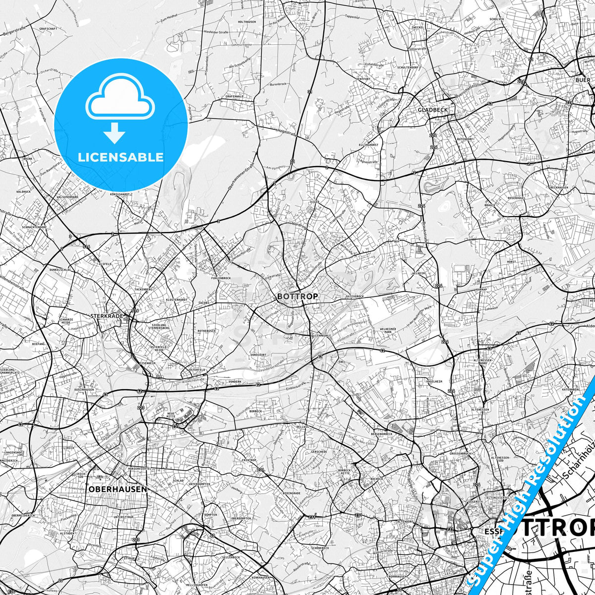 Bottrop, Germany light map with streetnames, citynames and districts